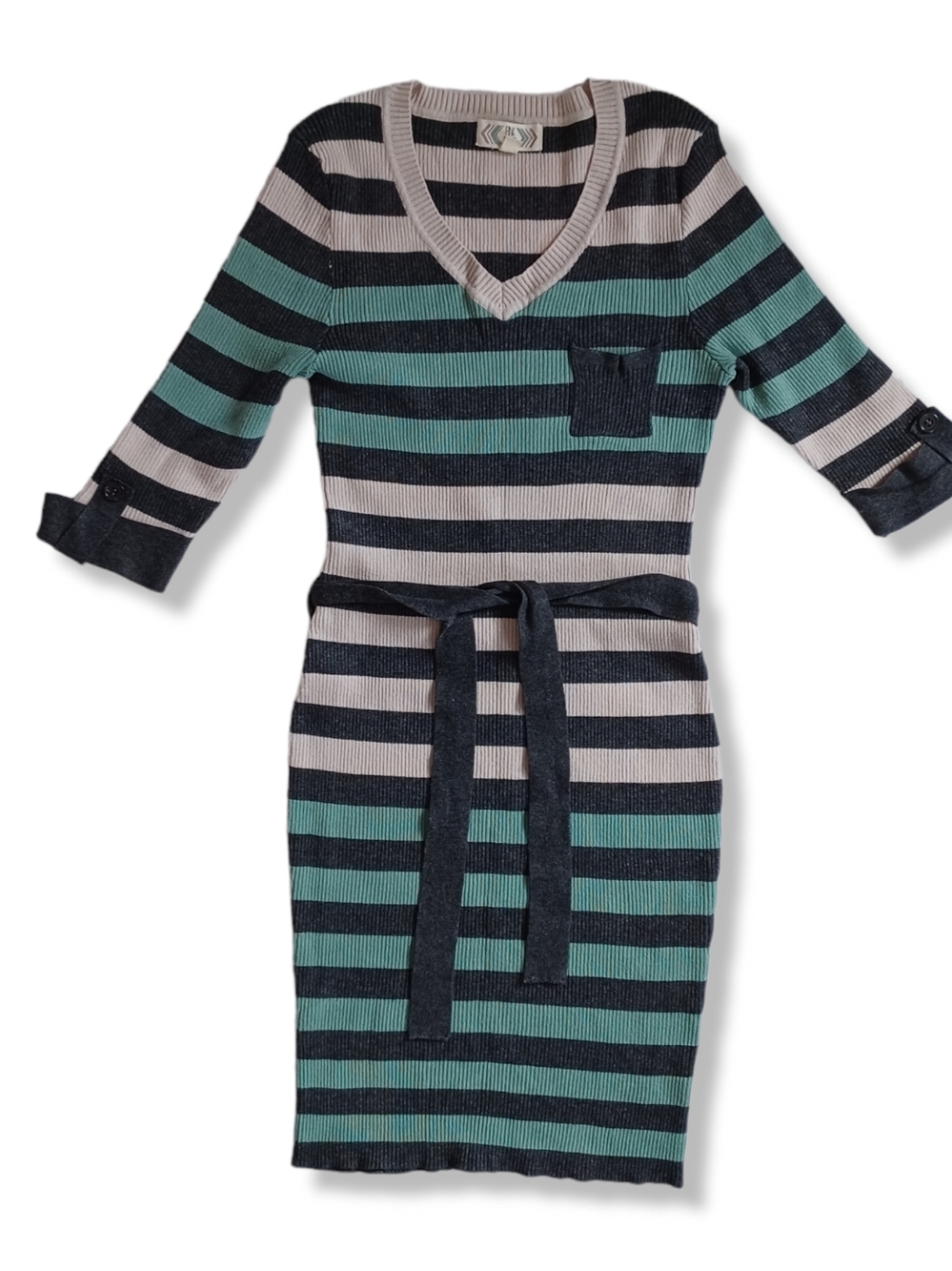 Pink Rose Big Girls Sweater Dress Ribbed Knit Striped Gray Green Bodycon Size L